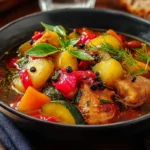 Stone Soup with chicken, potatoes, zucchini, tomatoes, and herbs in a rustic bowl, served hot with crusty bread.