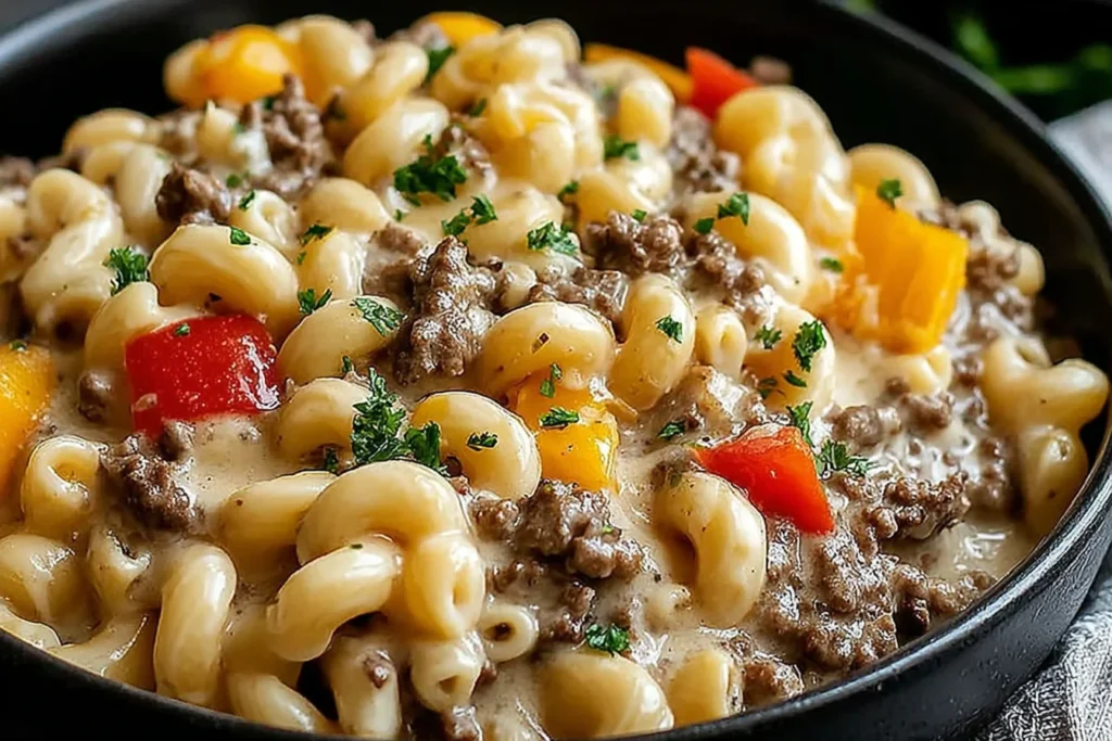 High-Protein Philly Cheesesteak Mac in a cast-iron skillet with creamy cheese sauce, lean ground beef, macaroni, and colorful bell peppers.
