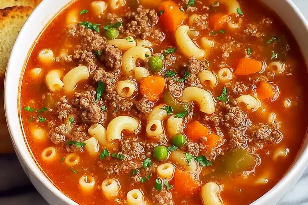 Homemade Ground Beef Pasta Soup in a white bowl with macaroni, ground beef, carrots, peas, and green peppers in tomato broth.