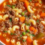 Homemade Ground Beef Pasta Soup in a white bowl with macaroni, ground beef, carrots, peas, and green peppers in tomato broth.