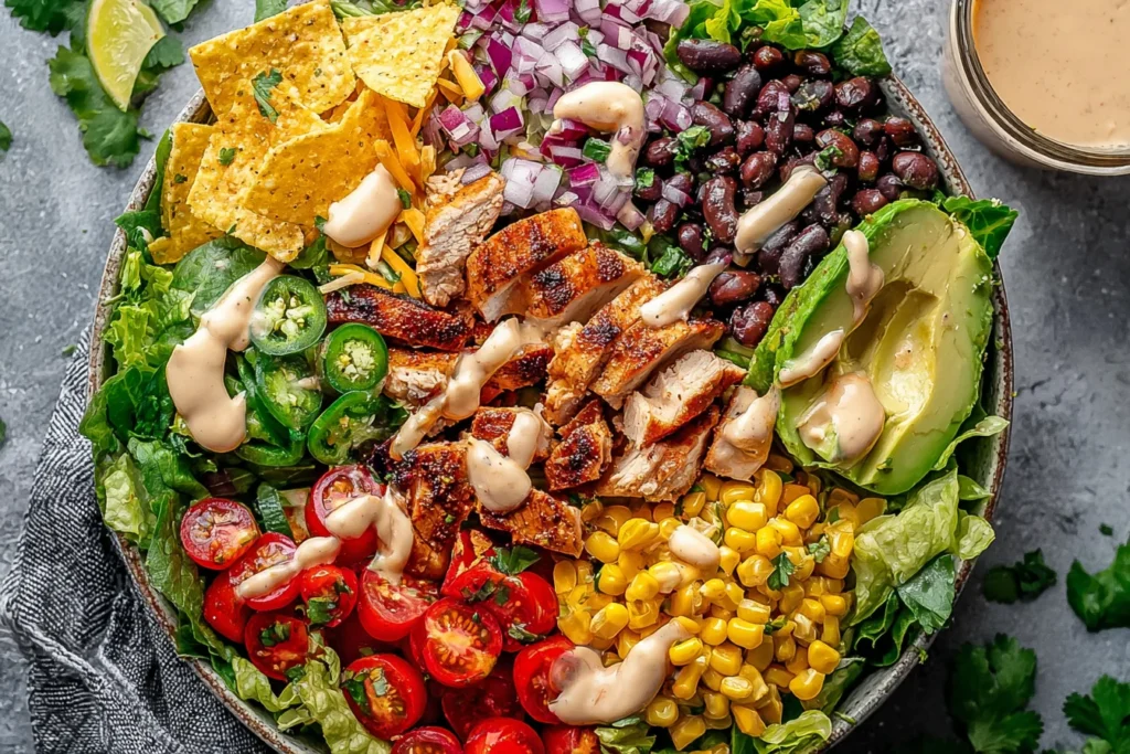 Homemade Spicy Southwest Salad packed with grilled chicken, black beans, corn, jalapeños, cherry tomatoes, red onion, tortilla chips, avocado, and spicy ranch dressing.