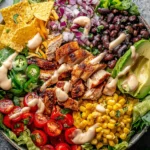 Homemade Spicy Southwest Salad packed with grilled chicken, black beans, corn, jalapeños, cherry tomatoes, red onion, tortilla chips, avocado, and spicy ranch dressing.