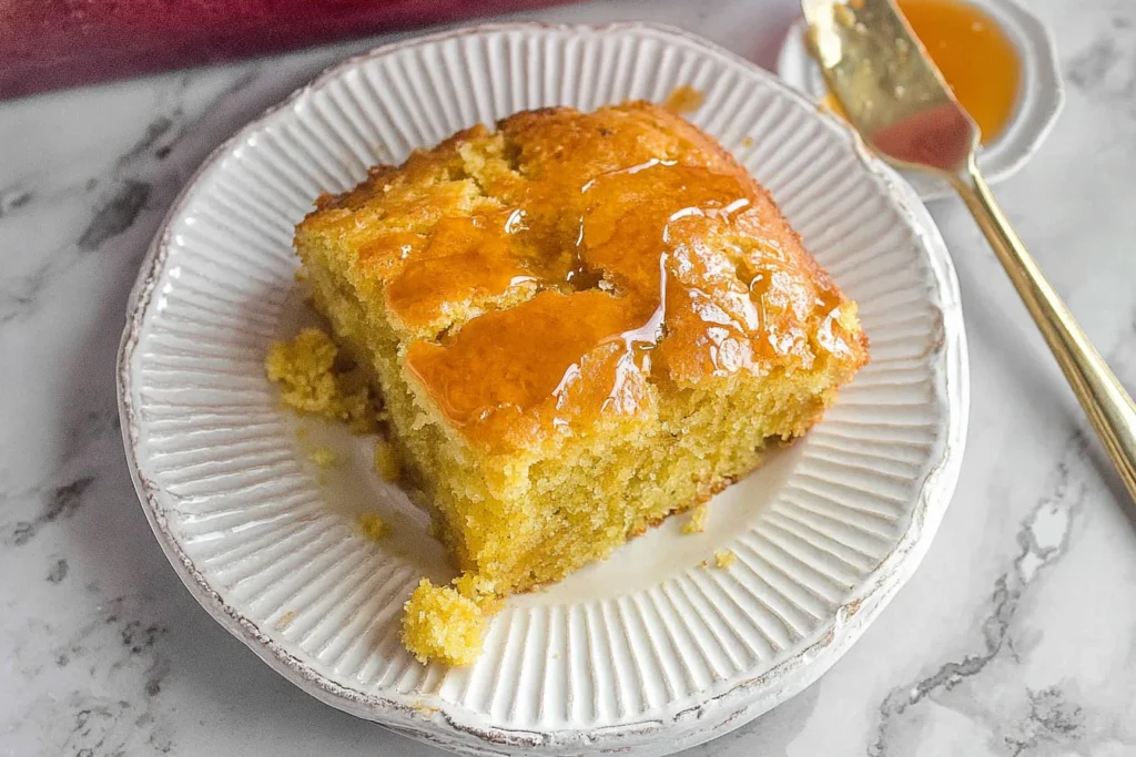Honey Butter Cornbread square on a plate, drizzled with glossy honey butter, showing a moist, tender crumb.