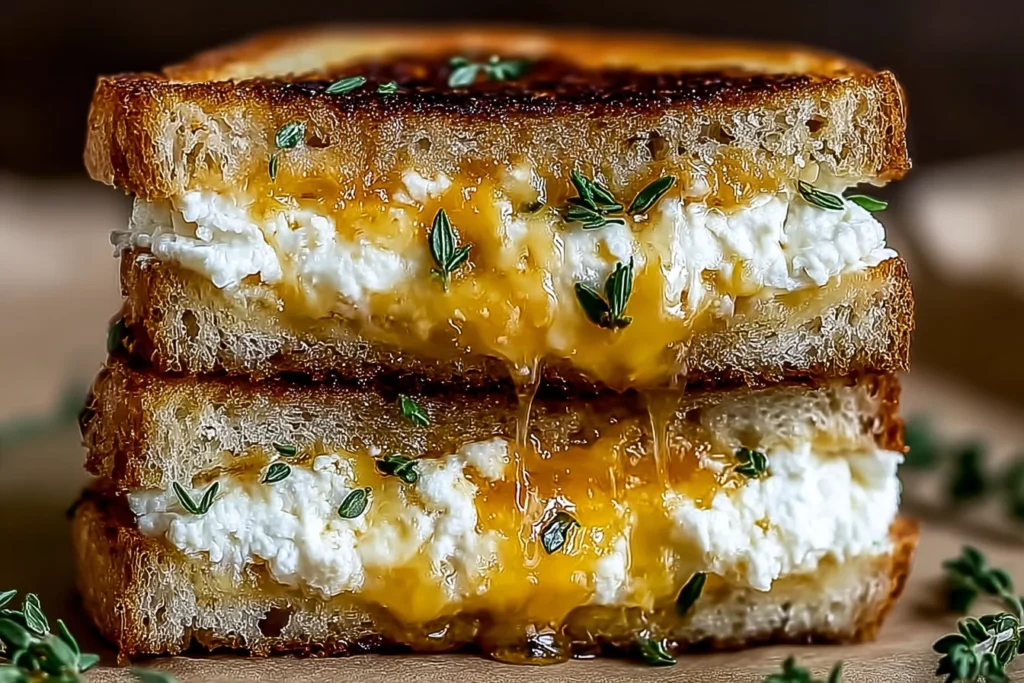 Goat Cheese Grilled Cheese with Honey stacked on toasted sourdough, creamy goat cheese filling with a dripping honey drizzle and thyme leaves.