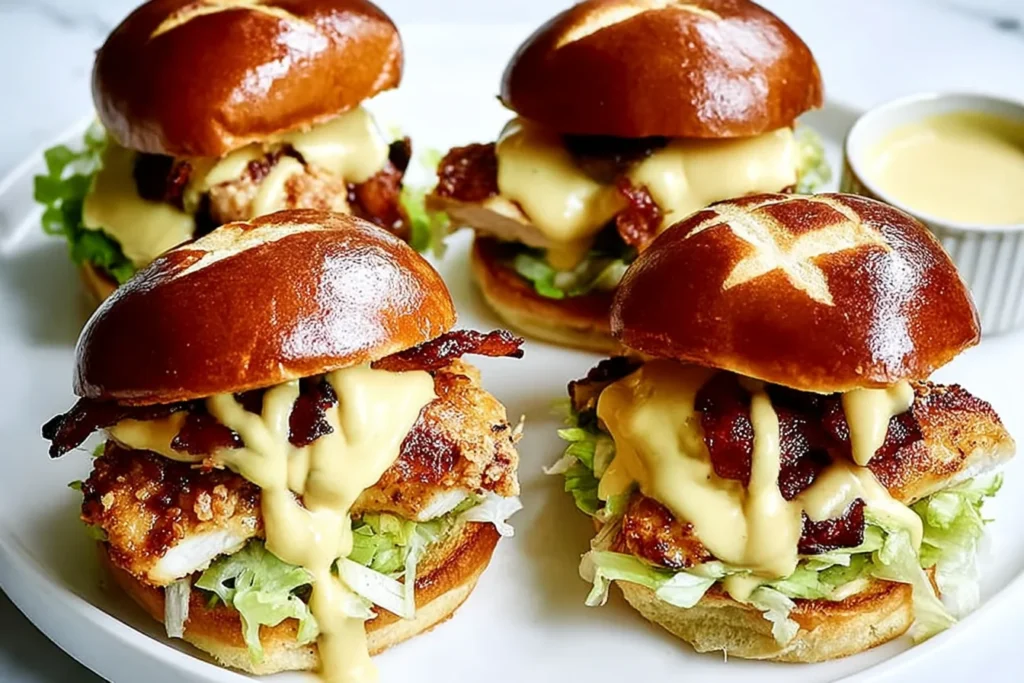 Honey Mustard BLT Chicken Sliders with crispy fried chicken, bacon, shredded lettuce, and creamy honey mustard sauce on soft pretzel slider buns.