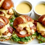 Honey Mustard BLT Chicken Sliders on pretzel buns with crispy chicken, bacon, lettuce, tomato, and creamy honey mustard sauce, served with dipping sauce.