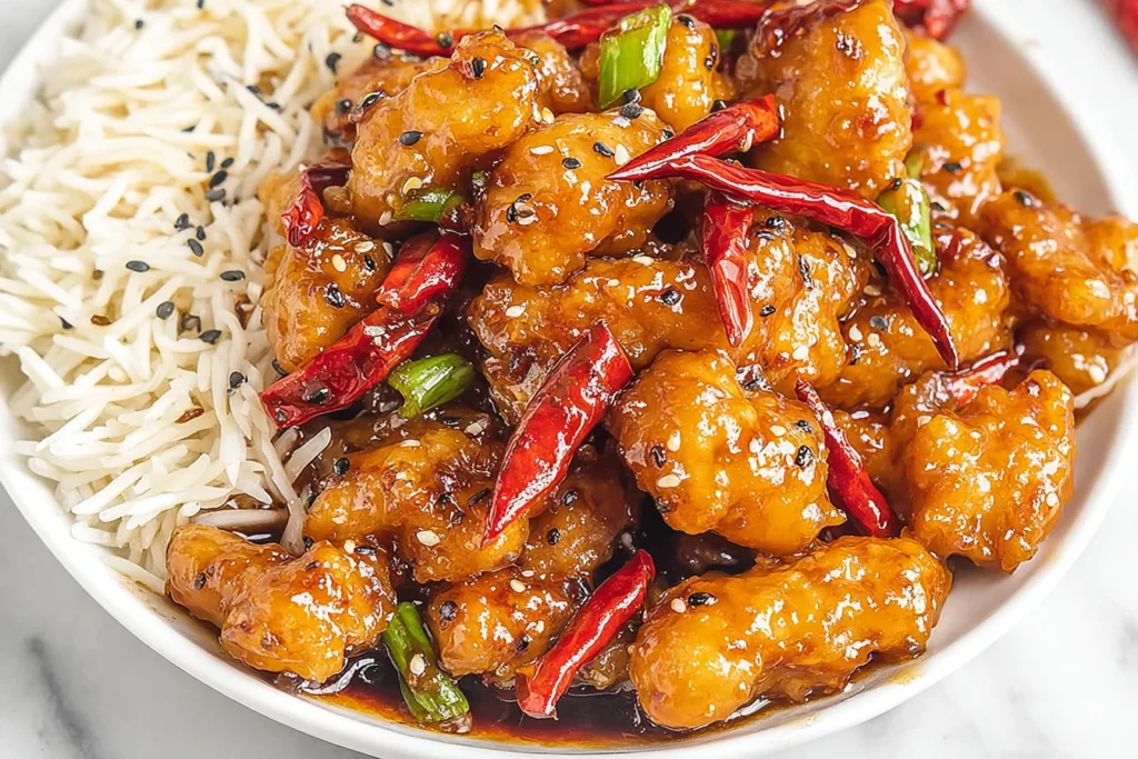 Hot Orange Chicken Panda Express copycat in a bowl—crispy orange-glazed chicken with dried red chilies, sesame seeds, and fluffy white rice.