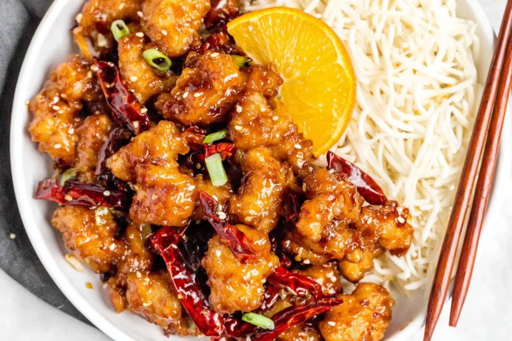 Hot Orange Chicken Panda Express copycat—crispy fried chicken bites coated in sticky spicy orange sauce with dried red chilies, sesame seeds, and rice.