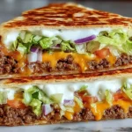 Keto Crunchwrap Recipe sliced and stacked, filled with taco-seasoned ground beef, melted cheddar, lettuce, tomato, red onion, and sour cream in a toasted low-carb tortilla.