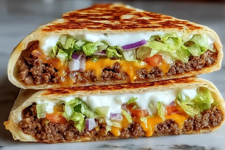 Keto Crunchwrap Recipe sliced and stacked, filled with taco-seasoned ground beef, melted cheddar, lettuce, tomato, red onion, and sour cream in a toasted low-carb tortilla.