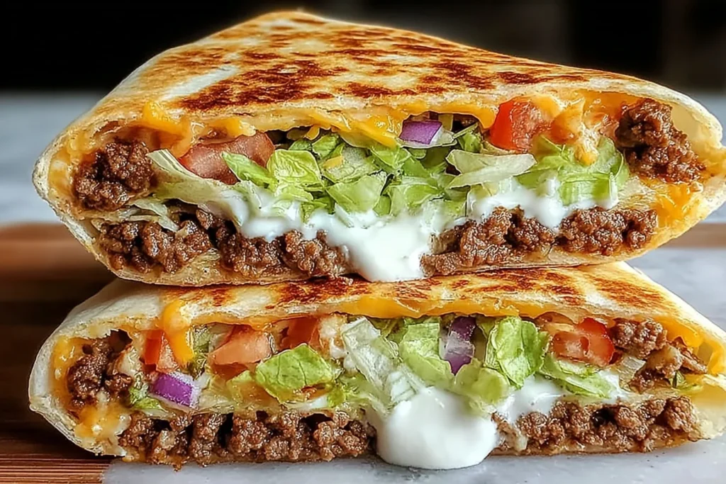 Keto Crunchwrap Recipe cut in half showing seasoned ground beef, melted cheddar, lettuce, tomato, and sour cream in a crispy low-carb tortilla.
