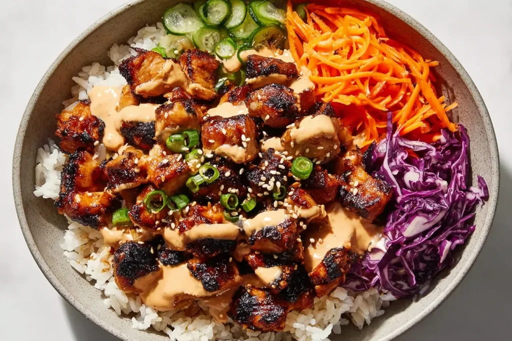 Korean BBQ Chicken Bowls with charred gochujang chicken over white rice, topped with cucumbers, shredded carrots, purple cabbage, sesame seeds, and green onions.
