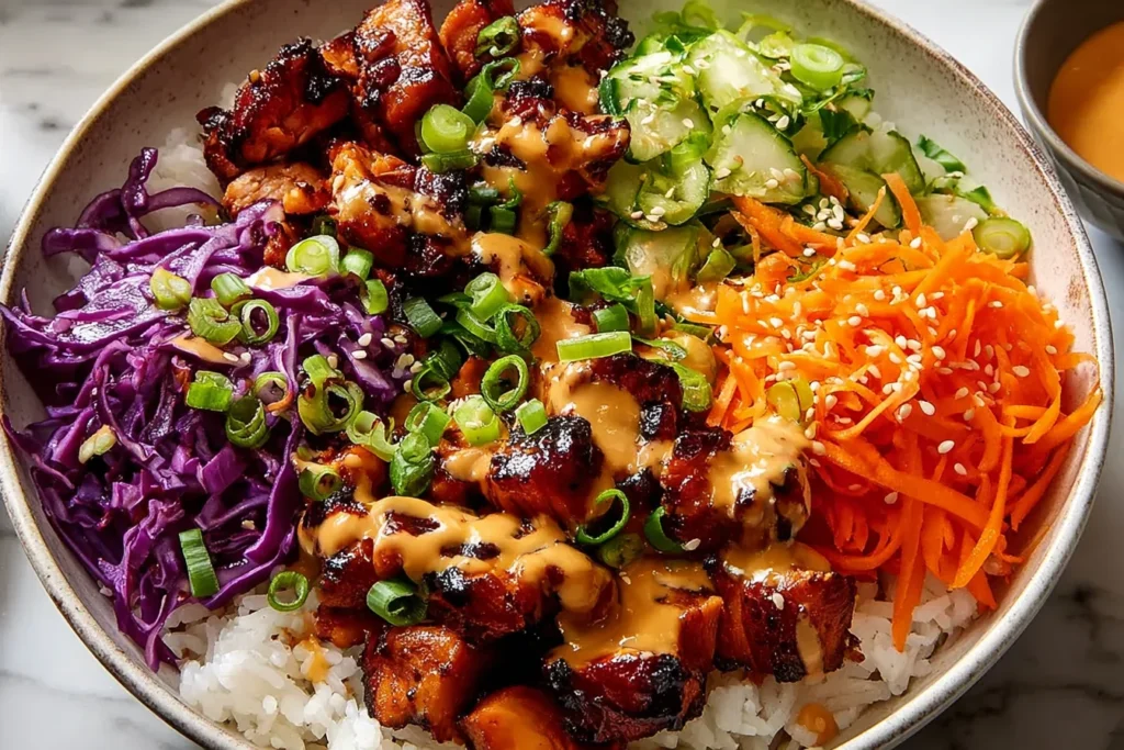Korean BBQ Chicken Bowls with gochujang-glazed chicken, fluffy rice, shredded carrots, cucumbers, purple cabbage, sesame seeds, and green onions.
