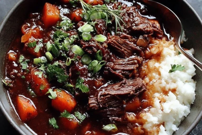 Korean Style Pot Roast served over mashed potatoes with carrots, rich gochujang-braised beef, and green onion garnish.