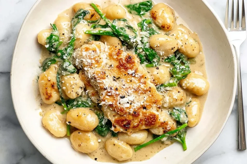 Lemon Chicken Gnocchi served in a bowl with creamy lemon-Parmesan sauce, spinach, tender gnocchi, and a golden seared chicken cutlet.