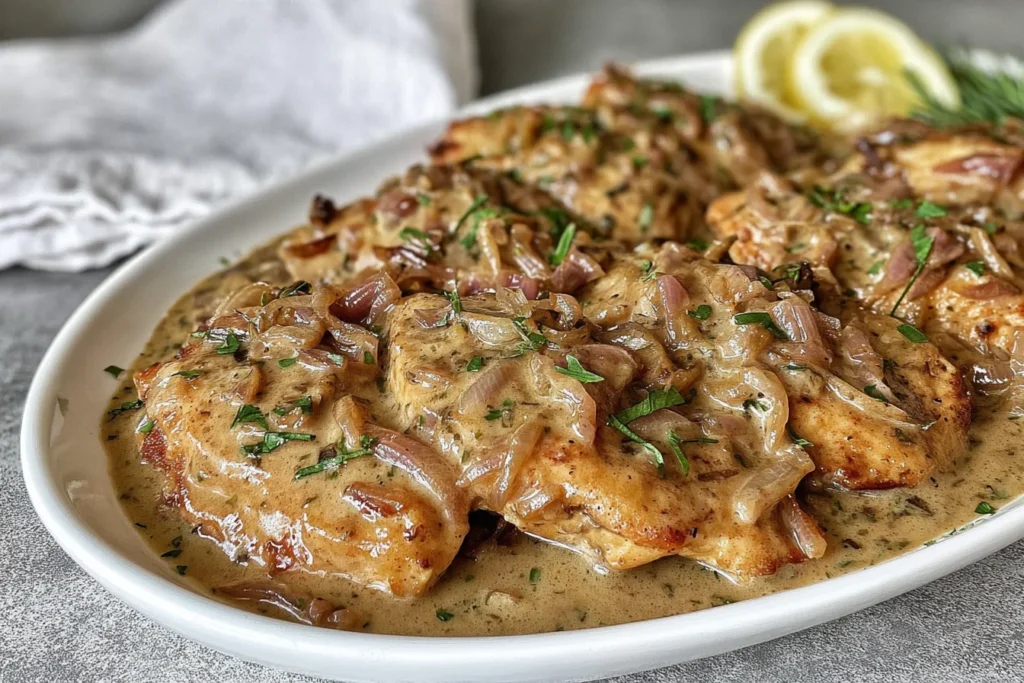 Lemon Shallot Chicken in a creamy lemon-shallot pan sauce, topped with sautéed shallots and parsley, served with fresh lemon slices.