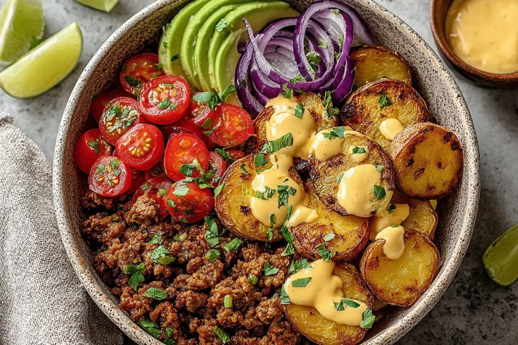 Loaded Fiesta Potato Bowls with crispy roasted potatoes, seasoned ground beef, cherry tomatoes, sliced avocado, red onion, and creamy sauce.