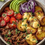 Loaded Fiesta Potato Bowls with crispy roasted potatoes, seasoned ground beef, cherry tomatoes, sliced avocado, red onion, and creamy sauce.
