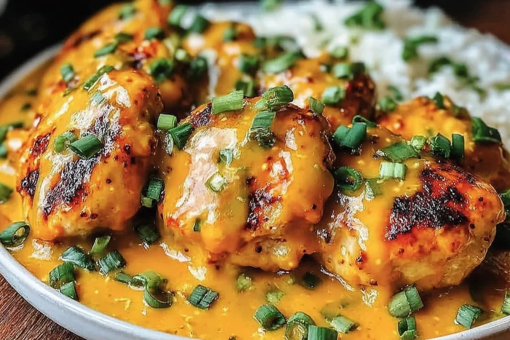 Low Carb Bang Bang Chicken pieces coated in creamy spicy sauce, topped with fresh green onions, served alongside cauliflower rice.