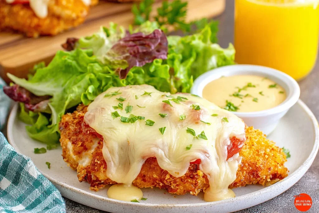 Malibu Chicken Recipe with crispy breaded chicken topped with ham and melted Swiss cheese, served with honey mustard sauce and fresh salad.
