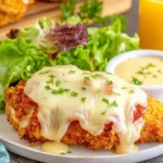 Malibu Chicken Recipe with crispy breaded chicken topped with ham and melted Swiss cheese, served with honey mustard sauce and fresh salad.