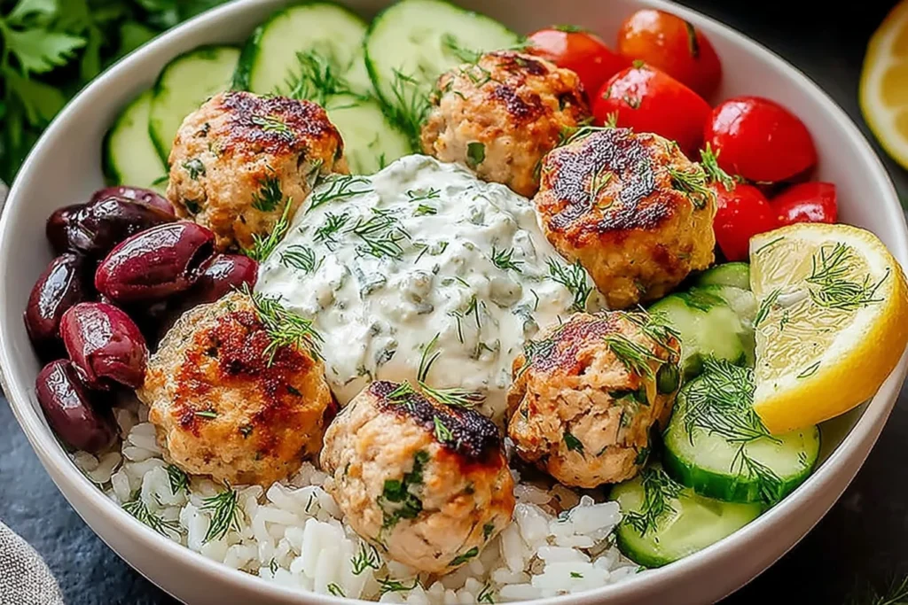 Mediterranean Bowl With Turkey Meatballs with rice, tzatziki sauce, sliced cucumbers, cherry tomatoes, Kalamata olives, fresh dill, and a lemon wedge.