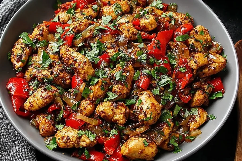 Mediterranean Chicken Stir Fry in a bowl with juicy seared chicken, red bell peppers, onions, and fresh herbs, finished with a bright lemony flavor.