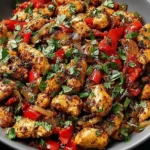 Mediterranean Chicken Stir Fry in a bowl with juicy seared chicken, red bell peppers, onions, and fresh herbs, finished with a bright lemony flavor.