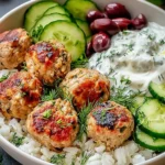 Mediterranean Bowl With Turkey Meatballs served over rice with cucumber slices, Kalamata olives, creamy tzatziki, fresh dill, and lemon wedge.