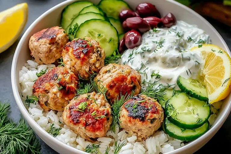 Mediterranean Bowl With Turkey Meatballs served over rice with cucumber slices, Kalamata olives, creamy tzatziki, fresh dill, and lemon wedge.