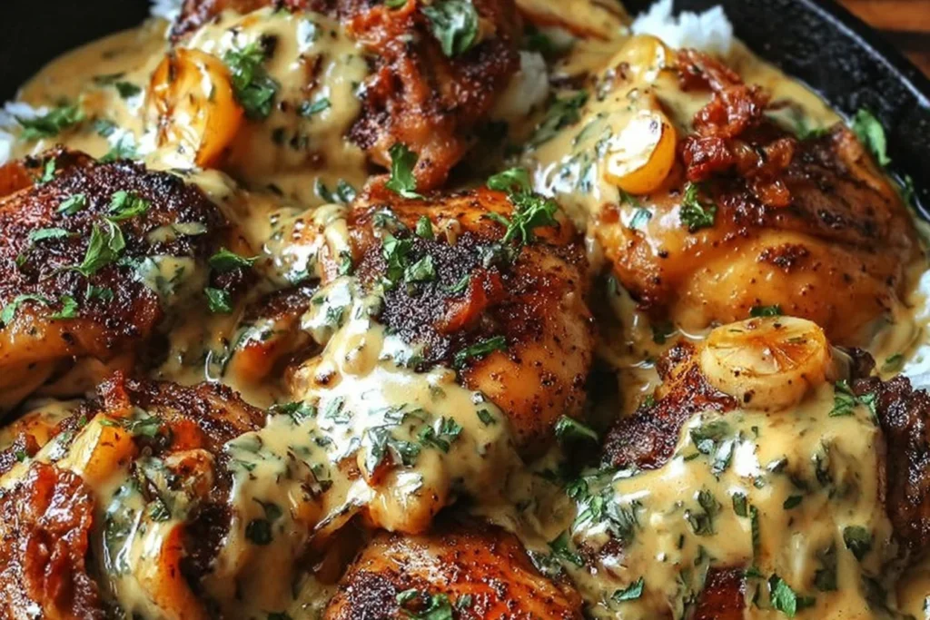 Mississippi Mud Chicken in a skillet with creamy ranch-BBQ sauce, melted cheddar, and herbs served over rice.