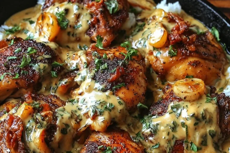 Mississippi Mud Chicken in a skillet with creamy ranch-BBQ sauce, melted cheddar, and herbs served over rice.