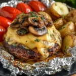 Mushroom And Swiss Burger Foil Packets with a juicy Swiss-topped beef patty, sautéed mushrooms, roasted potatoes, and cherry tomatoes in foil.
