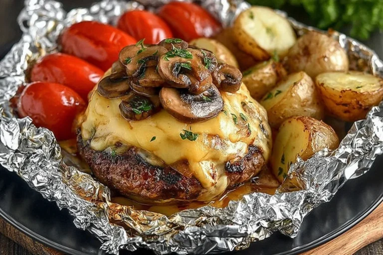Mushroom And Swiss Burger Foil Packets with a juicy Swiss-topped beef patty, sautéed mushrooms, roasted potatoes, and cherry tomatoes in foil.