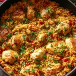 Nando’s Portuguese Chicken and Rice in a skillet with juicy chicken pieces, golden spiced rice, red peppers, and fresh herbs.