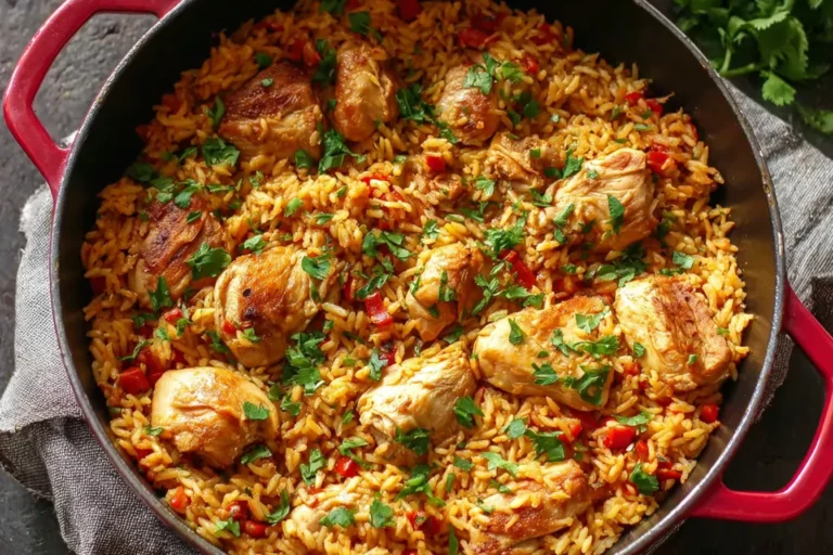 Nando’s Portuguese Chicken and Rice in a skillet with juicy chicken pieces, golden spiced rice, red peppers, and fresh herbs.