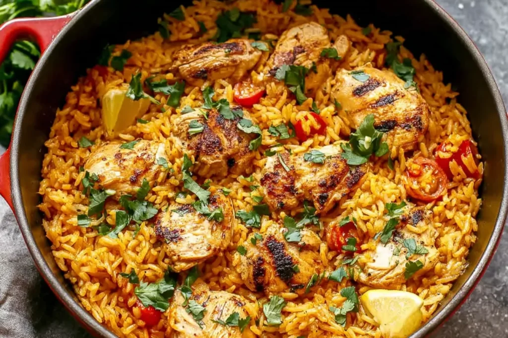 Nando’s Portuguese Chicken and Rice with char-grilled chicken pieces, golden turmeric rice, red peppers, fresh cilantro, and lemon wedges in a skillet.