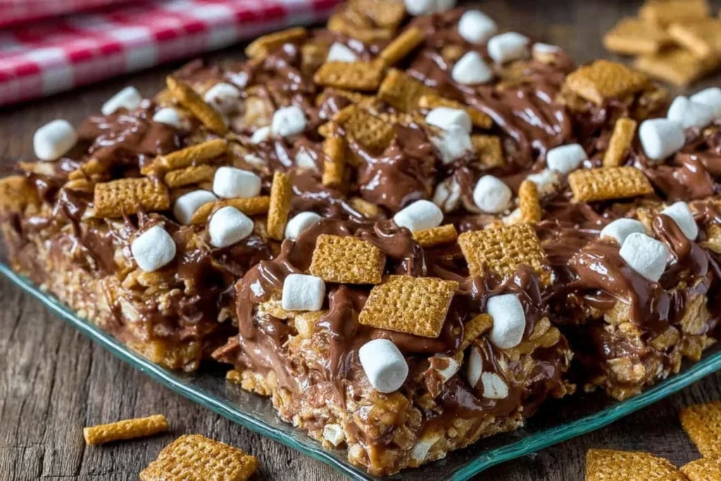 Golden Grahams S’mores Bars in a baking dish with gooey melted chocolate, mini marshmallows, and crunchy Golden Grahams cereal on top.
