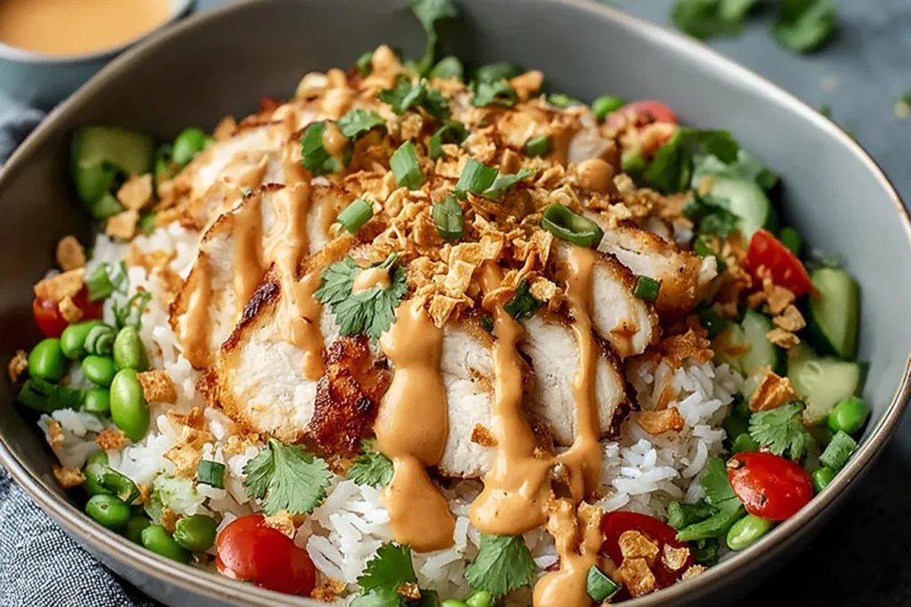 Chicken Crispy Rice Salad with Creamy Peanut Dressing in a bowl with sliced chicken, crispy rice, cherry tomatoes, cucumbers, herbs, and peanut sauce drizzle.