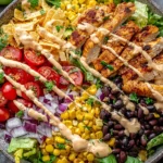 Homemade Spicy Southwest Salad bowl with grilled chili-lime chicken, black beans, corn, tomatoes, red onion, tortilla strips, and spicy ranch drizzle
