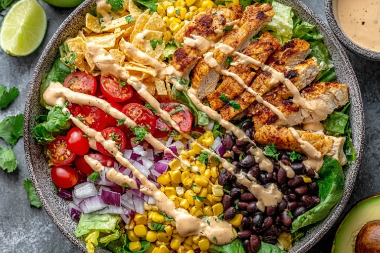 Homemade Spicy Southwest Salad bowl with grilled chili-lime chicken, black beans, corn, tomatoes, red onion, tortilla strips, and spicy ranch drizzle