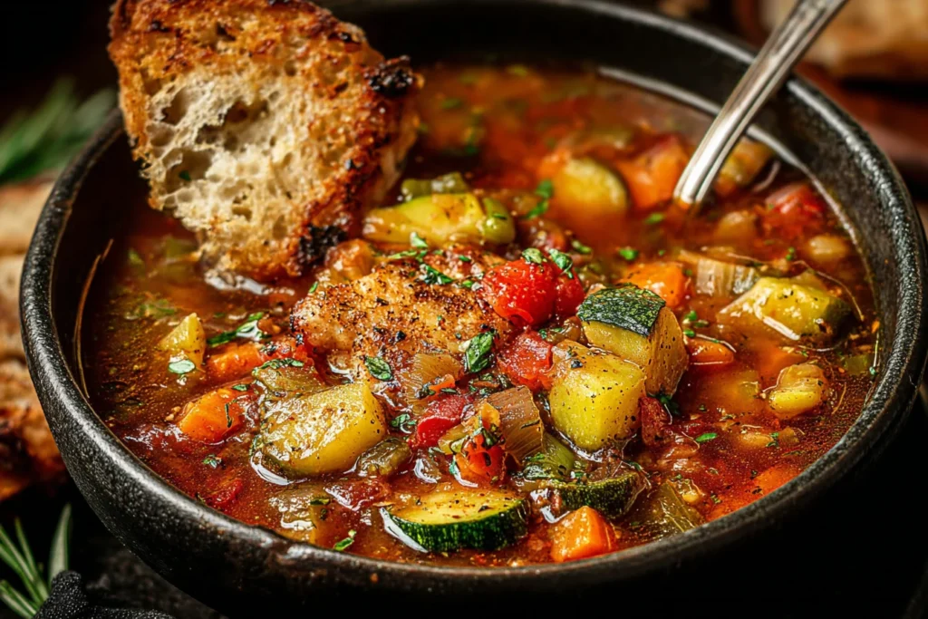 Stone Soup in a black bowl with tender chicken, potatoes, zucchini, tomatoes, and herbs, served with toasted crusty bread.