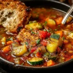 Stone Soup in a black bowl with tender chicken, potatoes, zucchini, tomatoes, and herbs, served with toasted crusty bread.