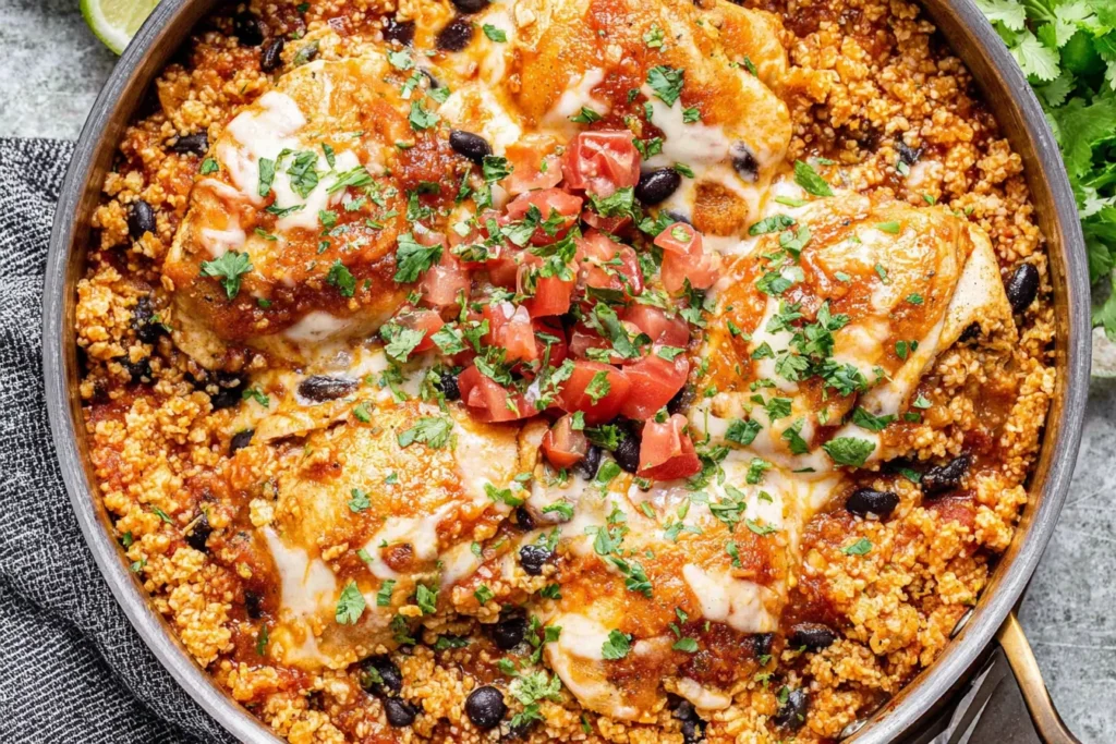 Salsa Chicken and Cauliflower Rice Skillet with tender chicken breasts, black beans, chunky salsa, melted cheese, and fresh cilantro in a large skillet.