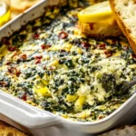 Spoonful of Spinach and Pepperoncini Baked Feta Dip scooped from a bubbling casserole dish with toasted bread slices for dipping.