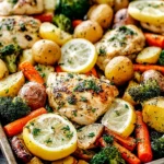 Sheet Pan Lemon Herb Chicken and Vegetables with juicy chicken, roasted baby potatoes, carrots, broccoli, and fresh lemon slices on a baking sheet.