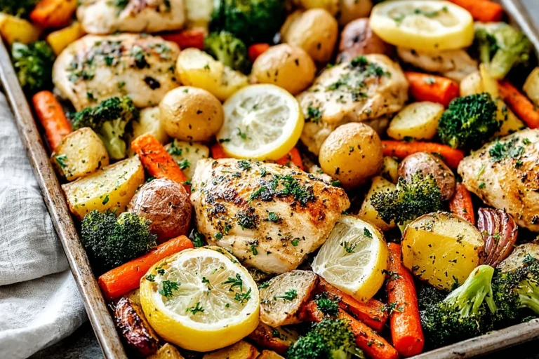 Sheet Pan Lemon Herb Chicken and Vegetables with juicy chicken, roasted baby potatoes, carrots, broccoli, and fresh lemon slices on a baking sheet.