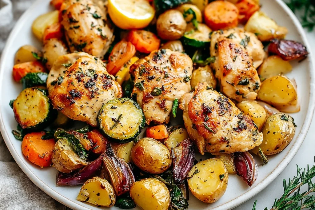 Sheet Pan Lemon Herb Chicken and Vegetables served on a plate with golden roasted chicken, baby potatoes, zucchini, carrots, red onion, and lemon.