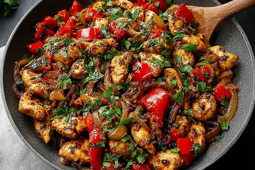Mediterranean Chicken Stir Fry cooking in a skillet with browned chicken pieces, sautéed onions, red bell peppers, and fresh herbs.
