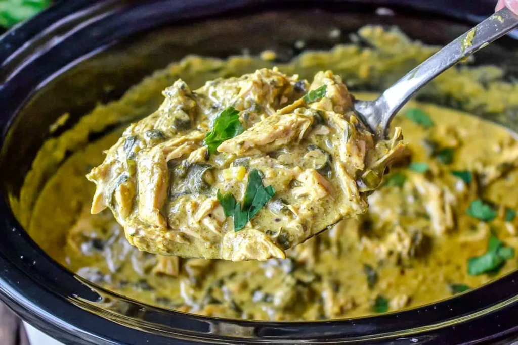 Slow Cooker Basil Chicken Coconut Curry on a spoon, showing tender shredded chicken in creamy coconut curry sauce with basil and herbs.